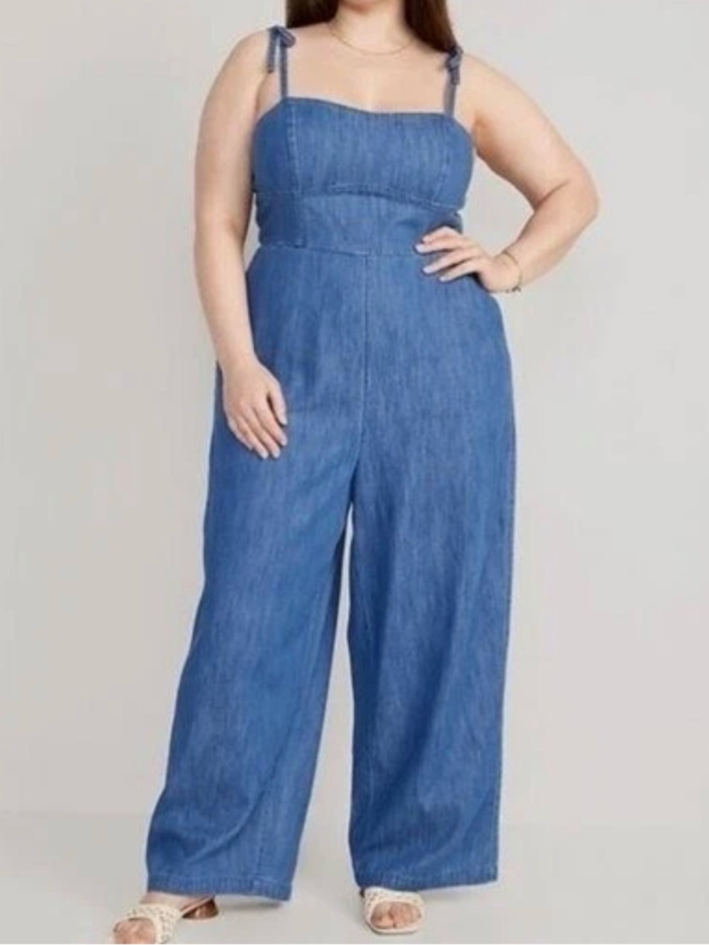 Old Navy SIze XXL Tie-Shoulder Cami Wide Leg Jumpsuit Smocked Chambray Pockets